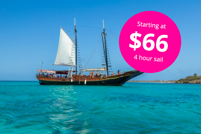 Set sail for a 4 - hour adventure Sailing aboard the 85 ft Jolly Pirates Schooners, cruising along the picturesque coastline in Aruba. Enjoy snorkeling in turquoise waters aboard the most requested Sailing excursion in Aruba. Visit three of the island's most popular swimming and snorkeling sites, teeming with schools of tropical fish. Shallow reef formations along the coast of Malmok Beach, are ideal to swim and snorkel with the colorful tropical sea critters. When the Jolly Pirates Ships sail to Boca Catalina you will find a shallow protected cove area which provides fantastic visibility. Snorkel among colorful fish waiting to greet you. Yellow striped grunts, angelfish, parrot fish and groupers are darting in and out of reef formations. Snorkel over an awesome piece of WWII History, a 400ft Shipwreck scuttled by its Captain and crew at the onset of WWII. Resting on her port side in only 60 ft (18 meters) of water, you will be amazed at the awesome site of the SS Antilla, Shipwreck. Its hull, nearly intact after so many years is home to an abundant array of sea life. While under the watchful eyes of experts, the crew will take you from stem to stern along the Antilla Wreck, truly an impressive piece of WWII history. Enjoy a tasty BBQ and an unlimited open bar. Choose to unleash your inner Jack Sparrow off the ship's rope swing. Perfect your tan stretched out on the ample sundeck or relax under the ship's shaded canopy with comfy seating around the bar. Friendly crew members will circulate your complimentary beverages and will perform flips, literally to keep Island visitors passionate about returning with each visit to Aruba. A tasty barbecue lunch, the unlimited open bar service, rope swing and your full set of snorkeling gear are all provided. We recommend that you reserve your tickets in advance for Aruba's most popular excursion. Plan to arrive 30-45 minutes in advance for check - in and boarding. All Jolly Pirates snorkel excursions depart from the area at MooMba Beach, Aruba, where you will board the impressive teak pirate schooners. Point out any dietary concerns at the check - in counter.