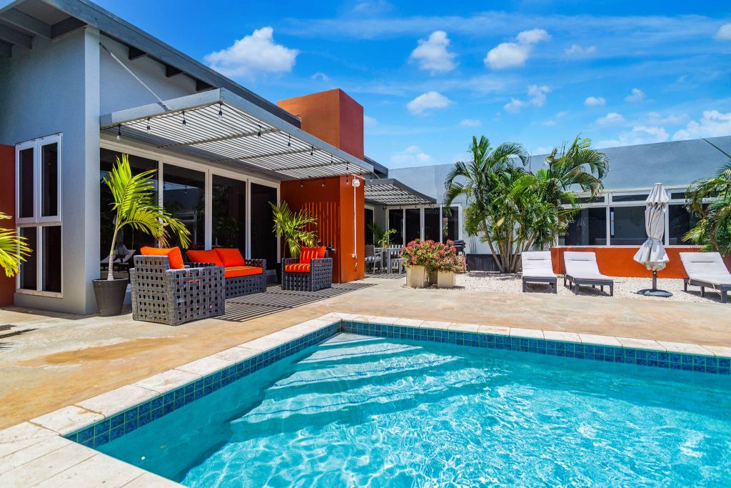 backyard with pool and seating