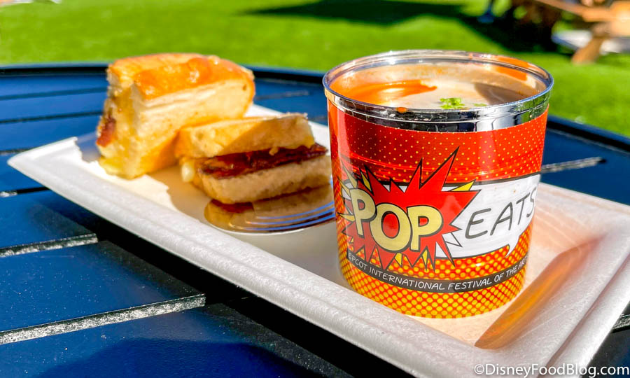 2022 wdw epcot festival of the arts opening day pop eats Tomato Soup with Bacon Apple and Brie Grilled Cheese
